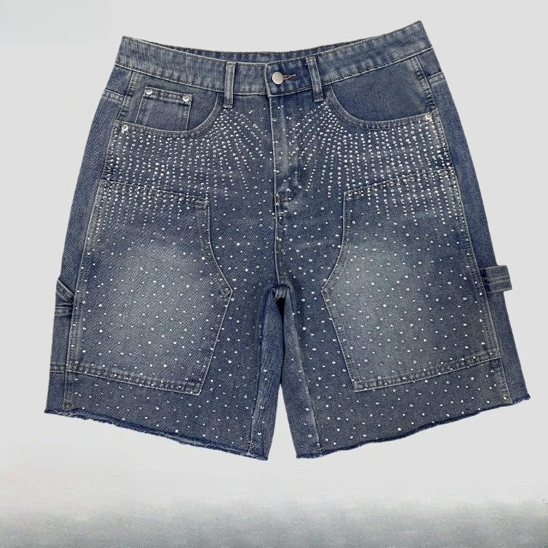 

Pants Denim Men Jeans Knee Length Hot Drilling Vintage Washed High Waist Straight Trousers Y2k Streetwear Splice Casual 2026