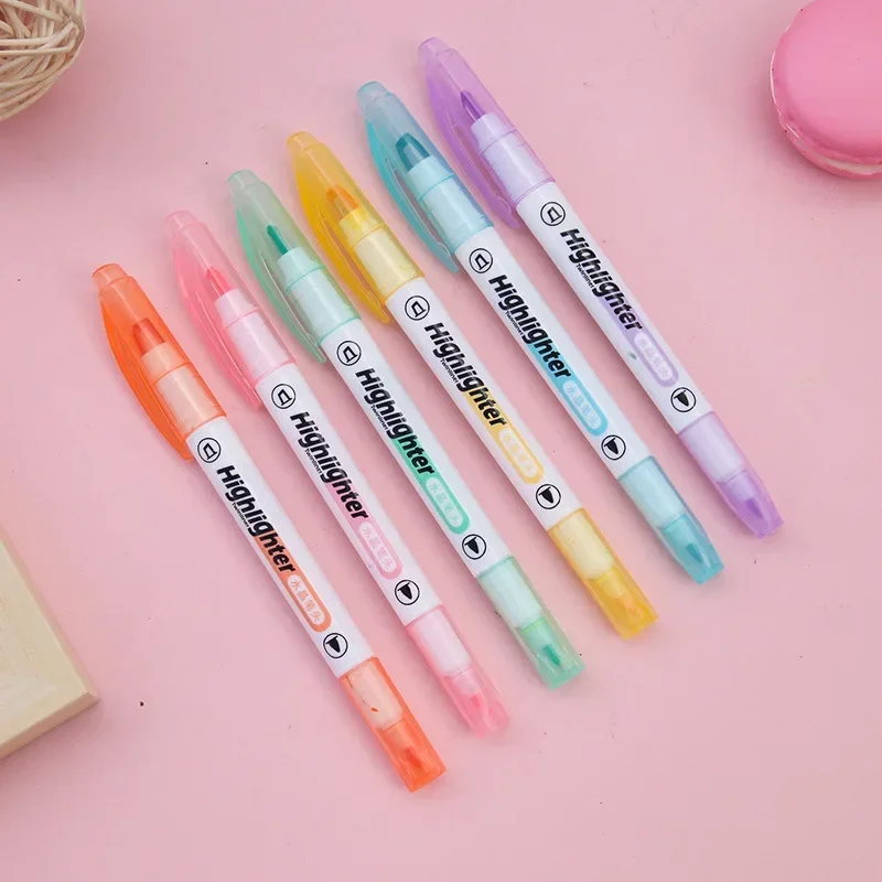 6-Color Double-Headed Highlighter Set Crystal Pen with Transparent Head 1.5mm Writing Width Plastic Body for Students and Paper