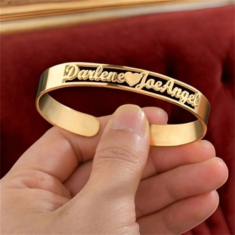Custom Heart Name Bangle Stainless Steel Inspirational Text Nameplate Cuff Bracelet Personalized Birthday Gift