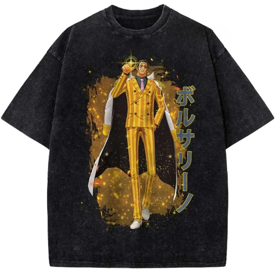 ONE PIECE Kizaru Short Sleeve T-Shirt Anime Manga Vintage Washed Graphic Print Yellow Lightning Strike Streetwear Men Women