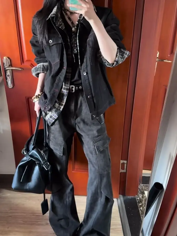 

Aesthetics Coat Goth Punk Vintage Denim Shirt Y2k 2000s High Street Harajuku Button Plaid Basics Hot Girl Grunge Emo Jacket Chic