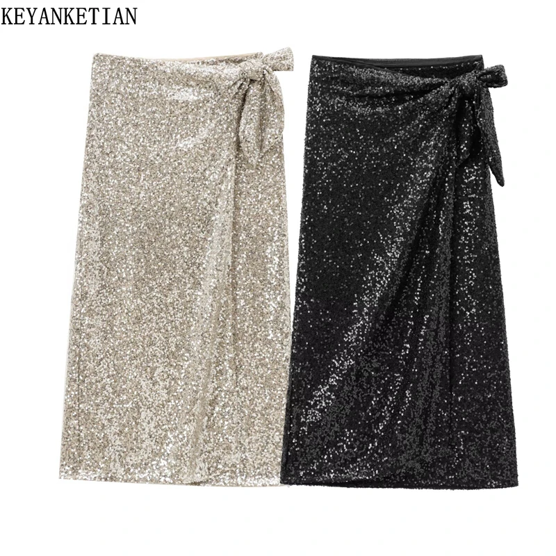KEYANKETIAN 2025 New Women's Sequined Decoration Wrap Skirt Asymmetrical Lace Up High waist Shiny Fashion A Line MIDI Skirt
