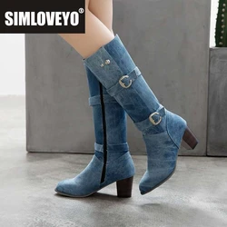 SIMLOVEYO Big Size Western Cowboy Booties Square Heels Zipper Buckle Fabric Shoes Mid-calf Boots Women Pointed Toe Black Blue