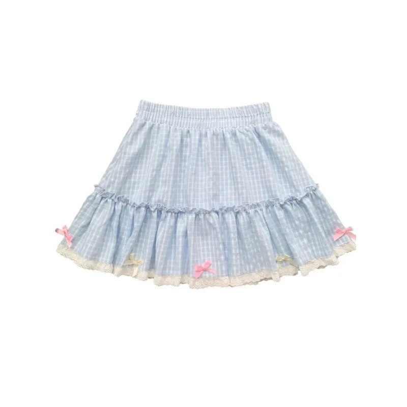 Rok Mini renda kotak-kotak biru kecil manis Y2k rok kue Kawaii Lolita Jepang Ruffles Harajuku 2024 rok Cosplay