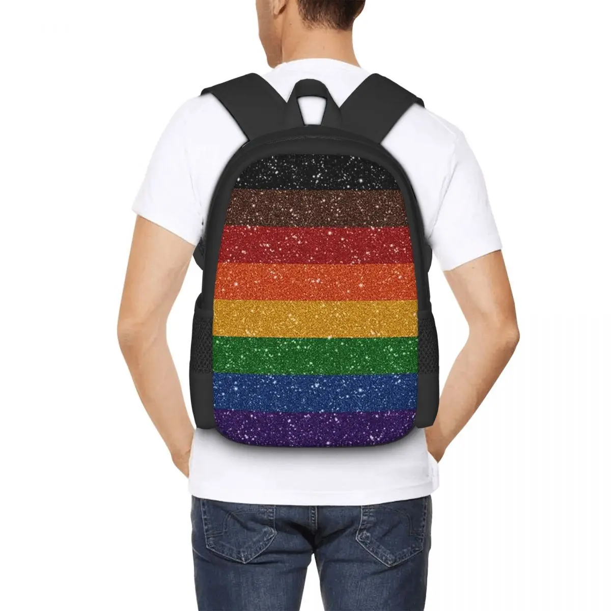 Faux Glitter Rainbow Pride Flag LGBT Gay Lesbian Student Backpack School Bag Hiking Travel Daypack for Bookbag Shoulder Bags