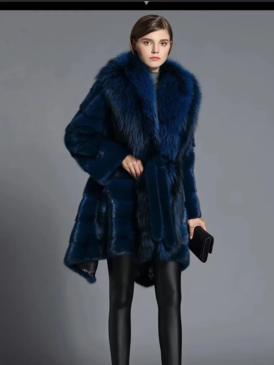 HDHOHR 2026 New Natural Mink Fur Coats Women Real Mink Fur Coat With Big Fox Elegant blue High Quality Female Warm Winter Jacket