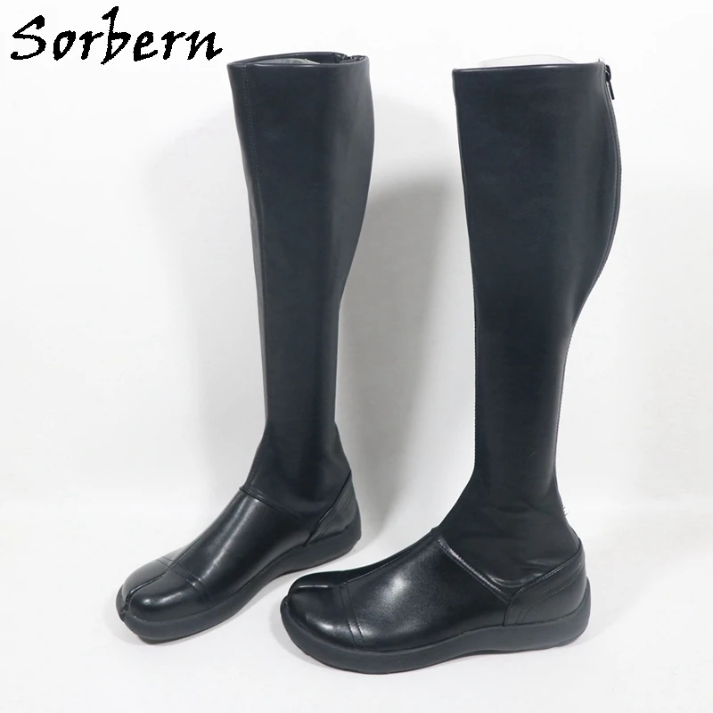 Sorbern Black Matte Knee High Boots For Women Flip Flop Flat Unisex Style Round Toes Custom Slim or Wide Calf
