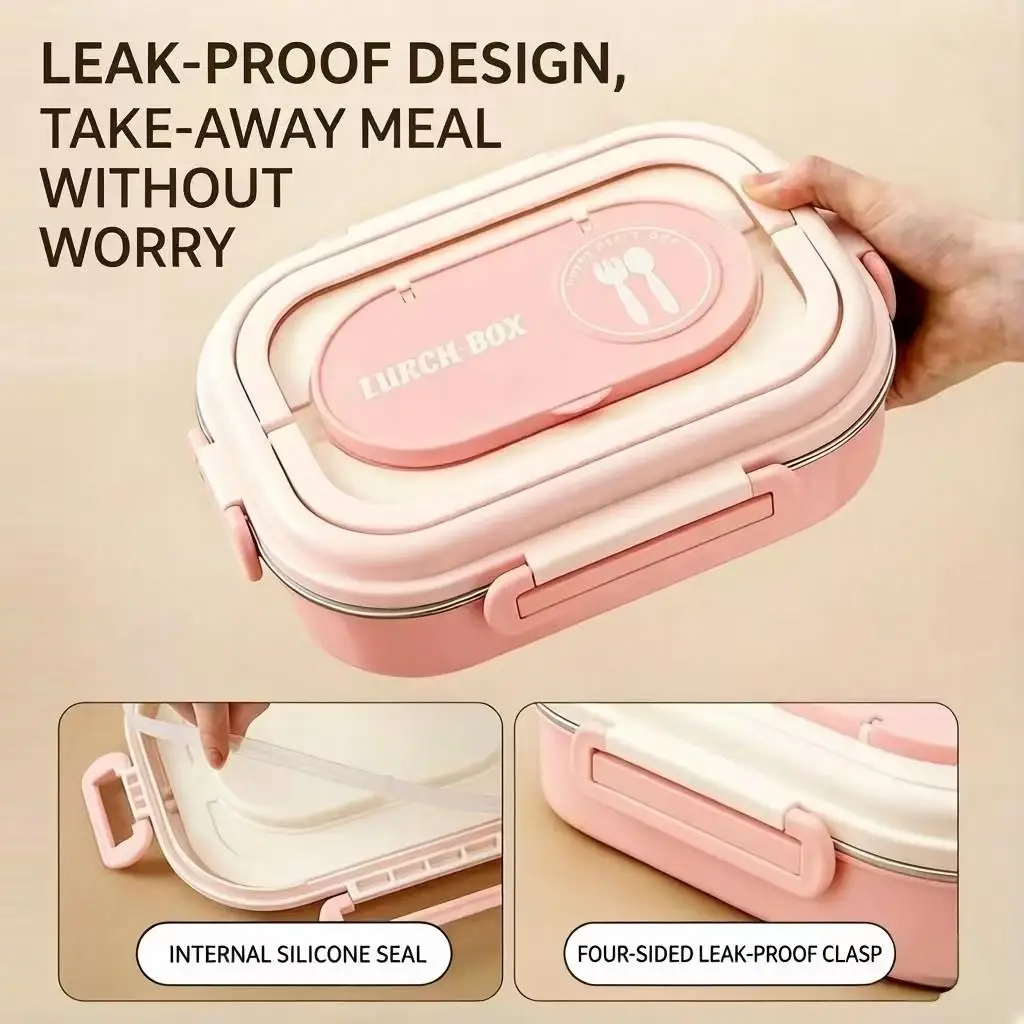 Removable Food-Grade Stainless Steel Bento Box, 4 Buckle Leak-Proof Portable Lunch Box for School Office