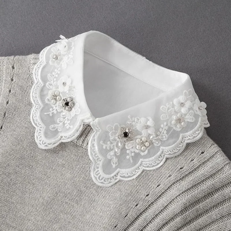 Handmade Bead Rhinestone Detachable Collar for Women's Half Shirt Fake Collar Decoration White Small Shirt with False Collar