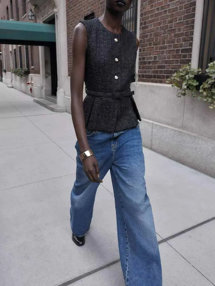 

Новое поступление в европейском и американском стиле, модный и простой женский жилет с круглым вырезом и декоративным поясом на талии