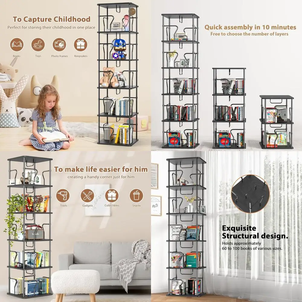 Rotating 5-Tier Bookshelf Tower, 360° Floor Standing Display Rack, Corner Revolving Storage Organizer for Home Office, Ideal for