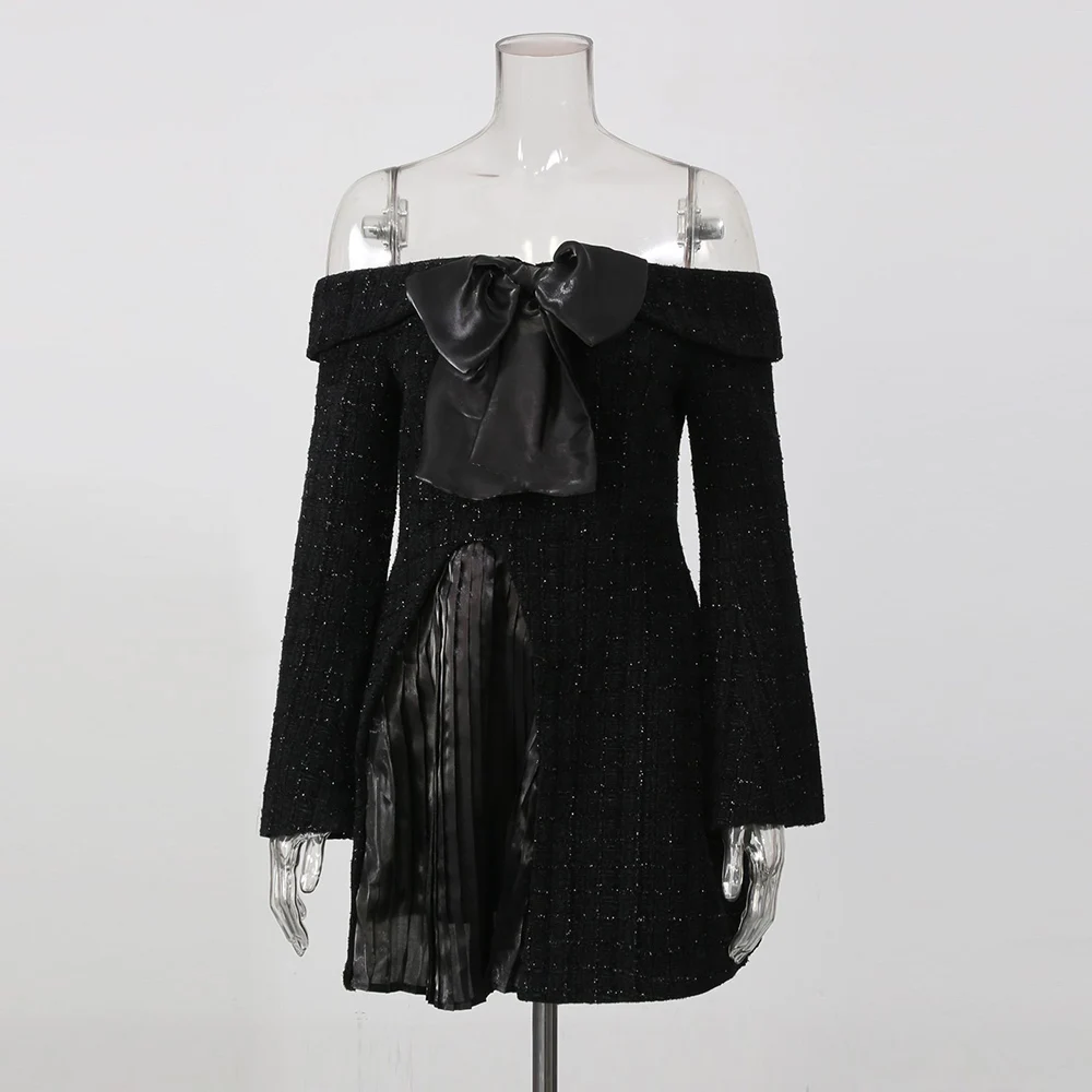 Xiaoxiangfeng Dress New Collection Waist Long Sleeved One Shoulder Splicing Butterfly Knot Solid Color Short Skirt