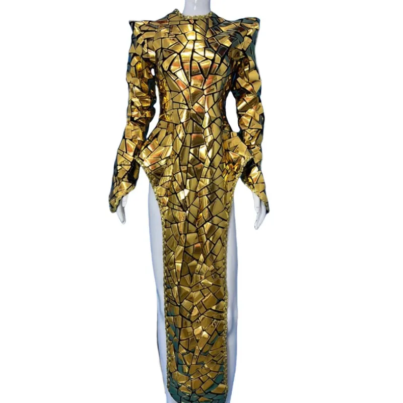 Robe longue à fente haute pour femmes, miroir Laser doré, Sexy, discothèque, Bar, Costume de danse, fête sur scène, Costume Drag Queen