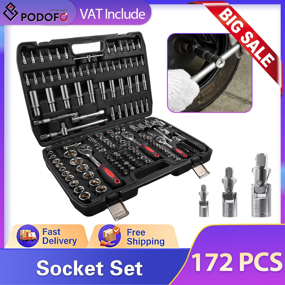 Podofo – Kit de clés à cliquet 172 pièces pour réparation automobile, ensemble combiné de clés dynamométriques à cliquet 1/4, 3/8, 1/2, clé à cliquet et tournevis