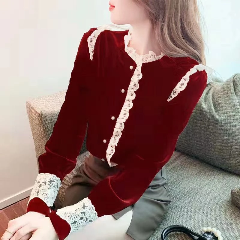 Spring Autumn New Stand Collar Fashion Long Sleeve Shirt Women Elegant Vintage Button Patchwork Cardigan High Street Lace Tops