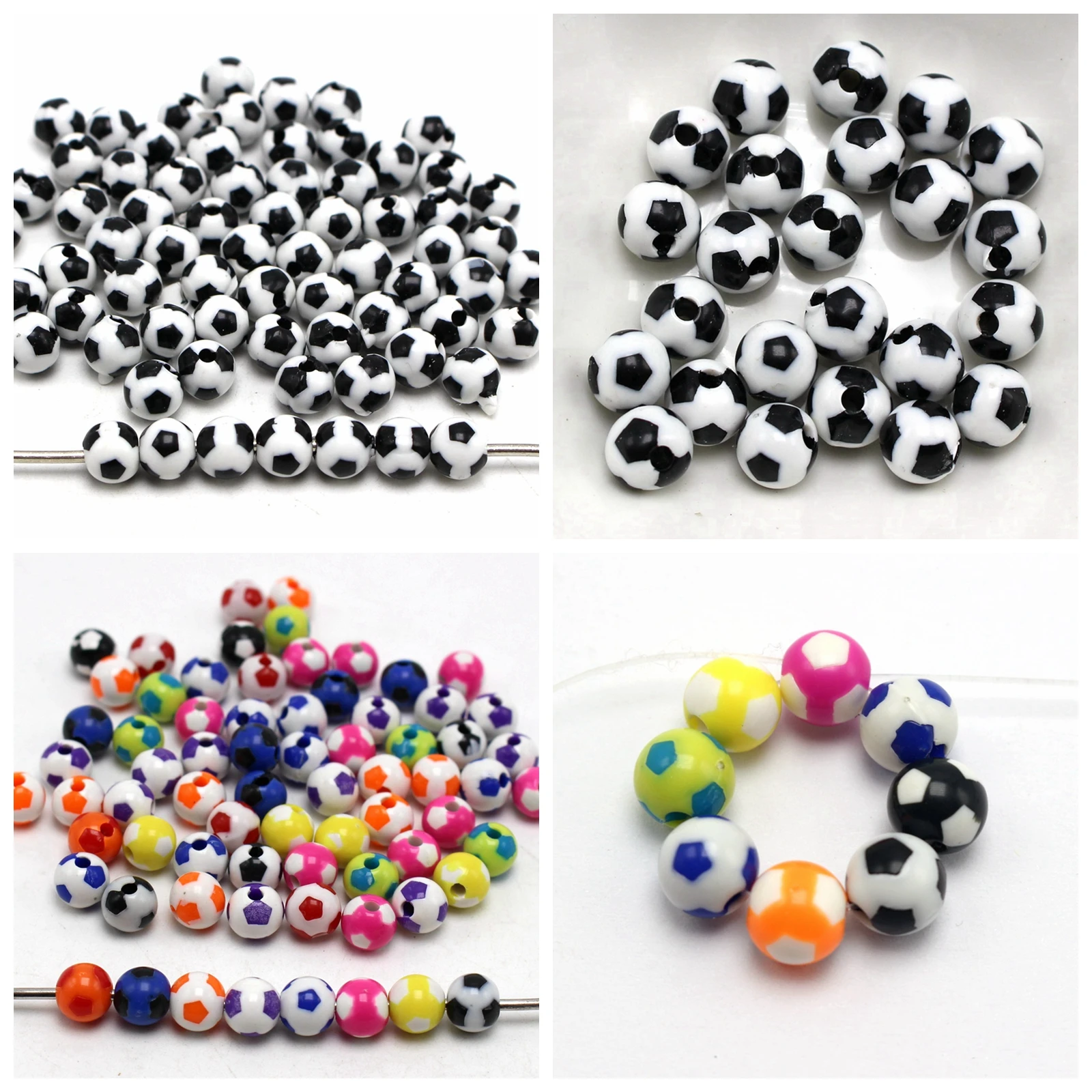 200 Black & White Color Acrylic Soccer Ball Football Round Beads 8mm