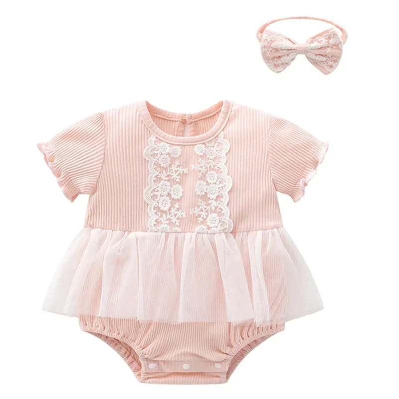 2025 New Summer Toddler Baby Jumpsuit+Hair band Short Sleeved Cotton Lace Splicing Newborn Baby Romper 0-24M Baby Girls Clothing