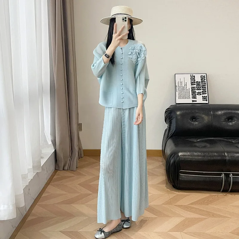 

Miyake Pleated 2026 New Set for Women Summer Elegant Slimming Casual Loose Plus Size Wide-Leg Pants Two-Piece Set with Top Pleat