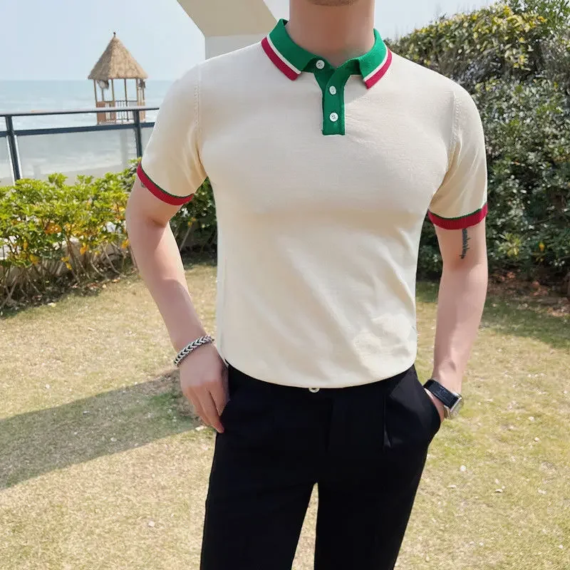 2023 Summer Men\'s Breathable Knitted Short Sleeved T-shirt Korean Fit Fashion Contrast Color Half Sleeved Flip Neck T-shirt