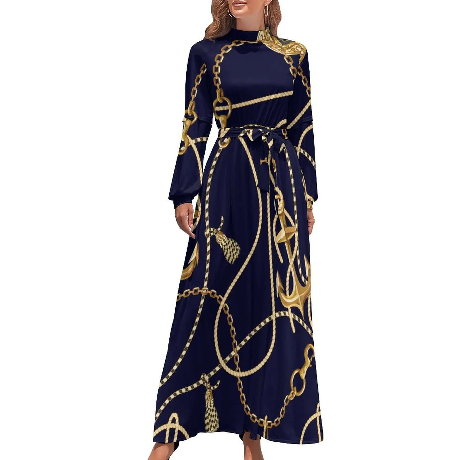 

Gold Chains Print Dress Anchor Aesthetic Beach Dresses Womens Long Sleeve High Waist Kawaii Long Maxi Dress