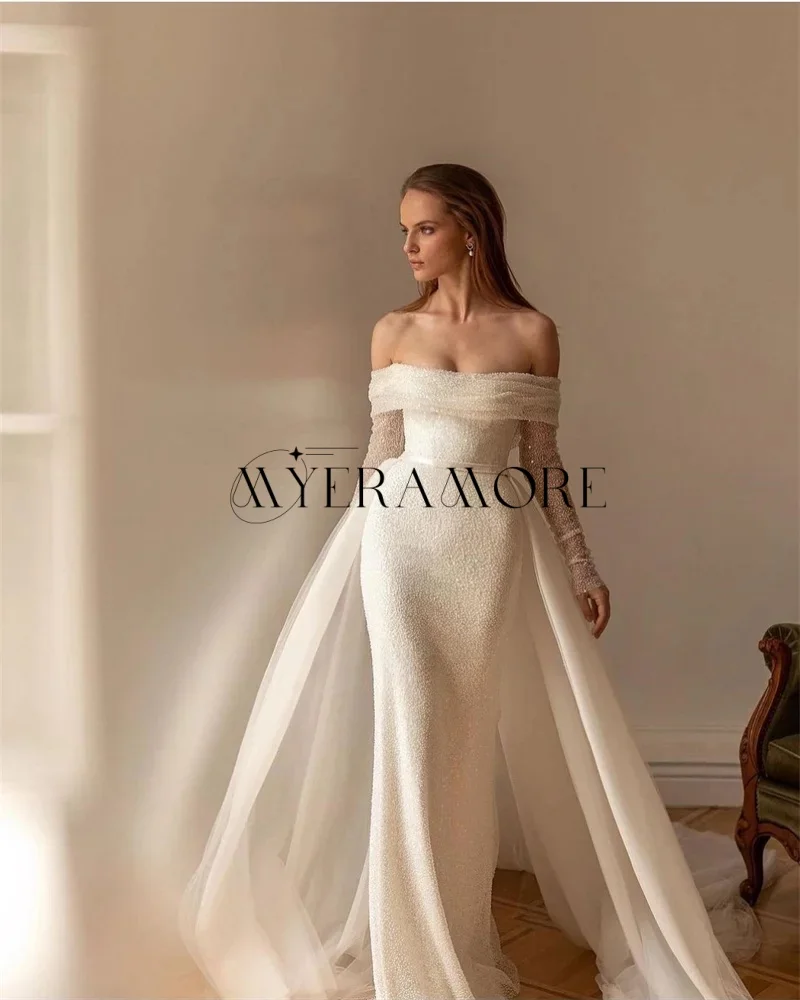 Gorgeous Shiny Sequins Lace Wedding Dresses Mermaid Long Sleeve Pleat Floor-Lenght Bridal Gowns Customized robe de mariée