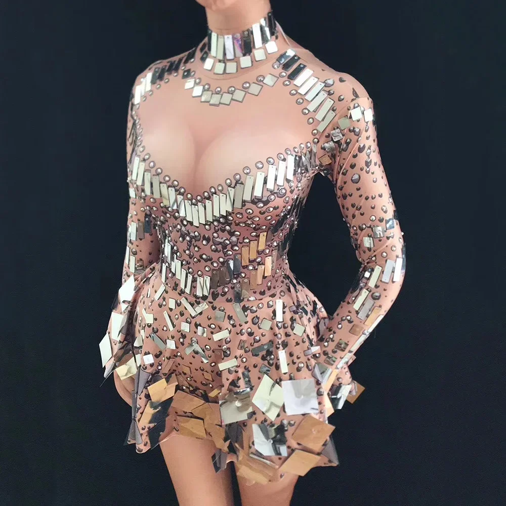 

2026 Women Shining Mirror Sequins Rhinestones Sexy Dress For Nightclub DJ Cloth Prom Dance Wear Stage Costumes