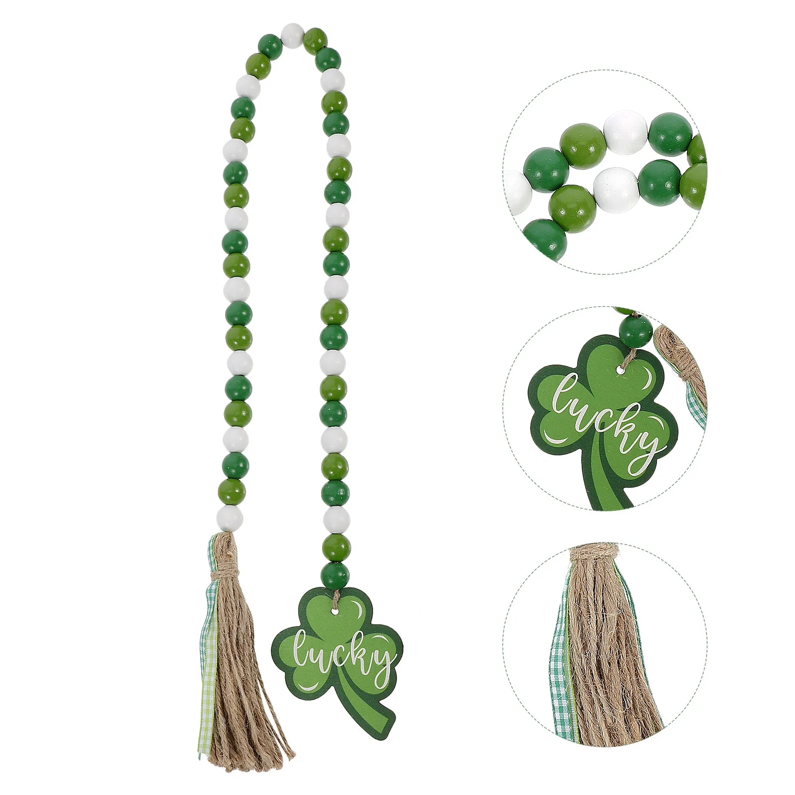 Wooden Bead Garland with Natural Jute Rope and Tassel Farmhouse Rustic Decor for St Patrick's Day Tiered Tray Table Centerpiece