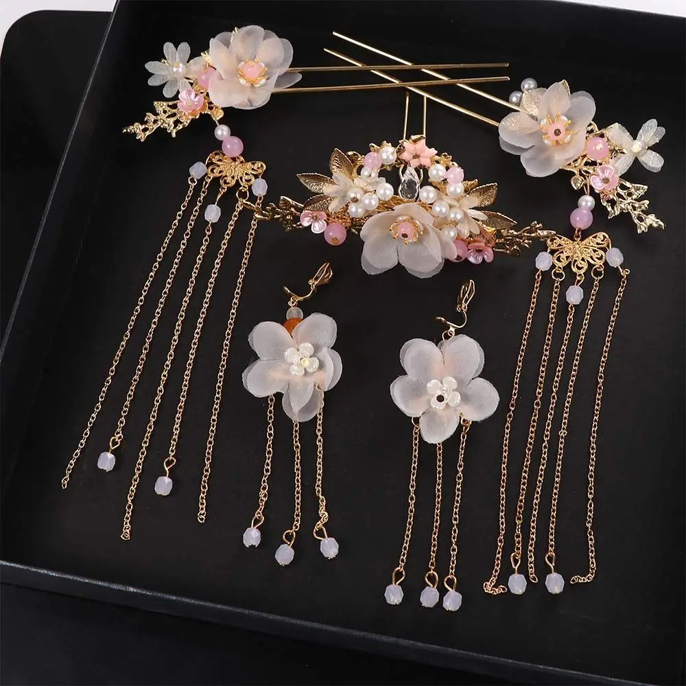 Girls Hair Jewelry Fashion Handmade Tassel Chinese Long Headwear Sets Earrings Hair Comb Hanfu Hair Stick