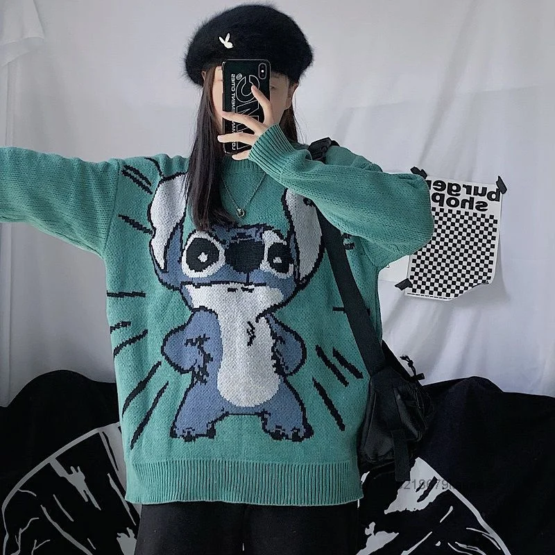 Disney Stitch Autumn Winter Cartoon Round Neck Sweater Women Harajuku Korean Style Knitwear Sweet Y2k Girl Loose Casual Sweater