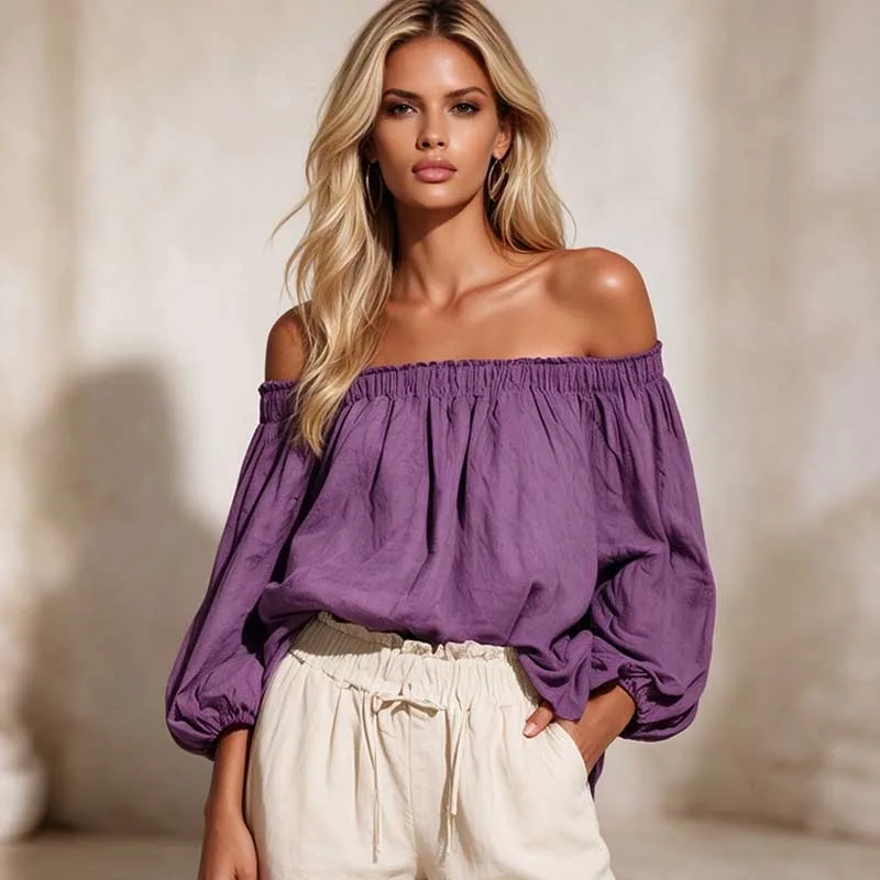 Loose Off Shoulder Women Blouse Lantern Long Sleeve Casual Fashion Elegant Top Solid Color Casual Spring Summer Streetwear Shirt