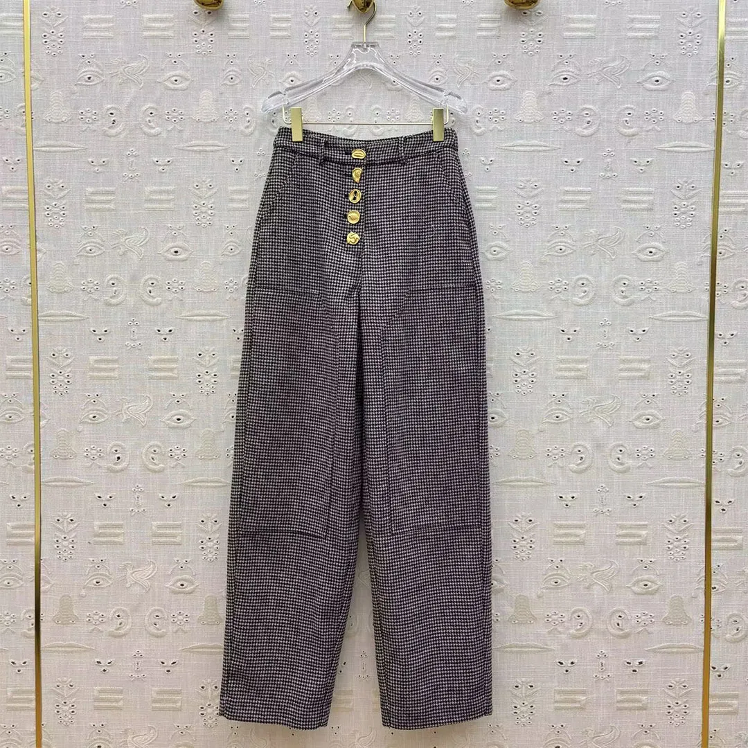 

2025 новые модные осенне-зимние длинные брюки женские новинка золотые пуговицы с высокой талией свободные повседневные винтажные тканые брюки с узором «гусиные лапки»