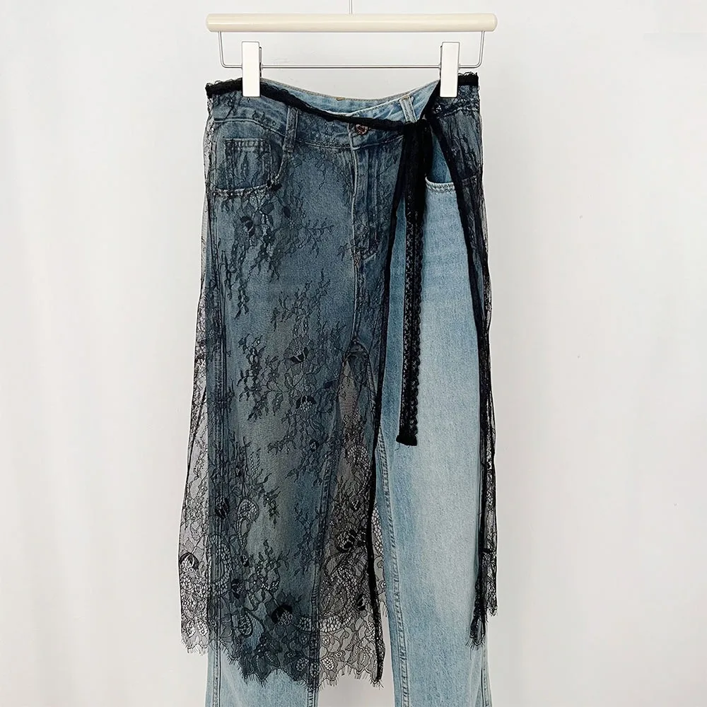 

High Waist Lace Midi Skirt Embroidered Flower See Through Lace Drawstring Skirt Irregular Side Slit Y2K Streetwear