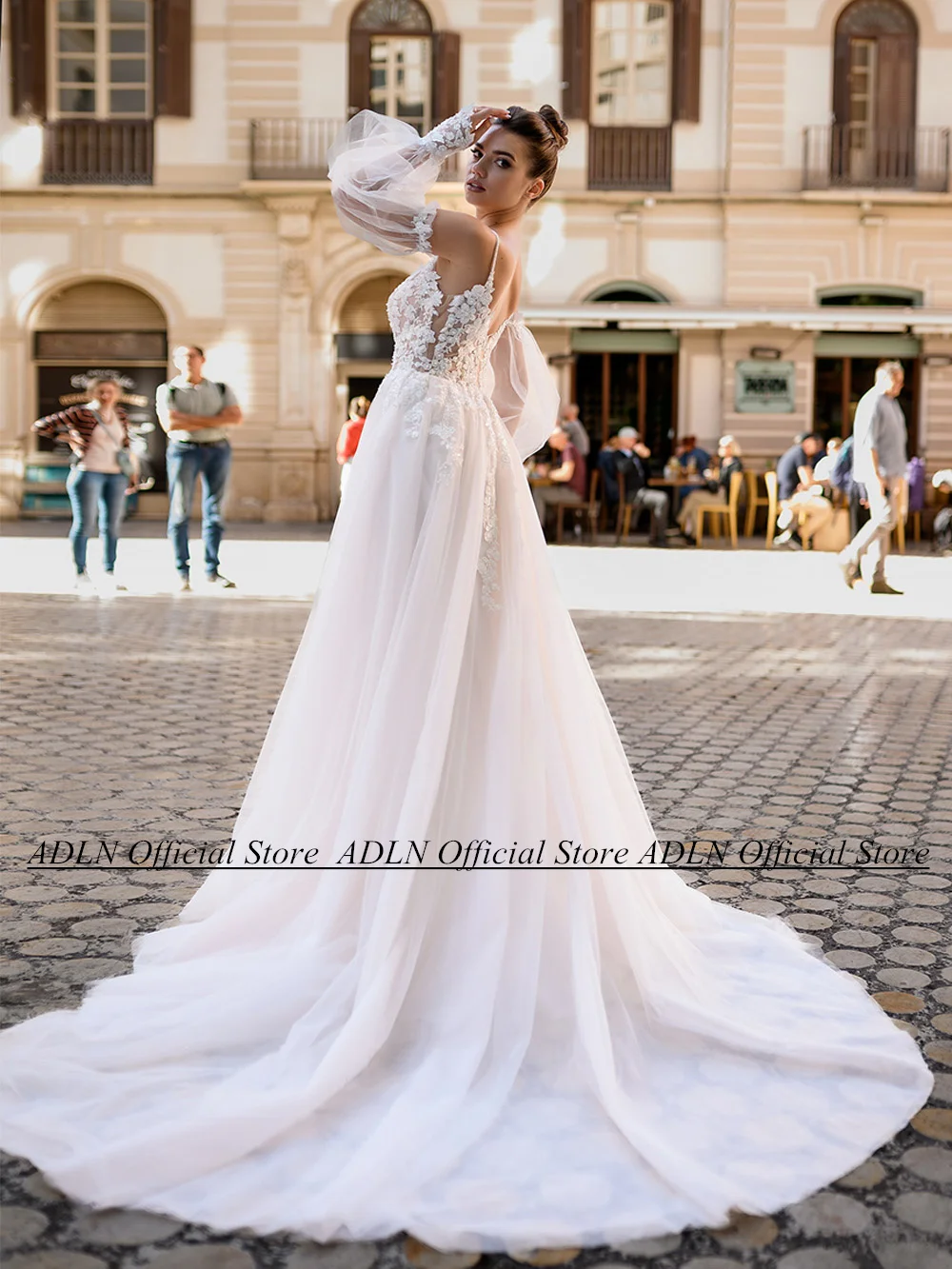 Sexy vestido de casamento vestido de noiva com decote em v manga destacável ver através do aplique uma linha mulher vestido de noiva tamanho personalizado