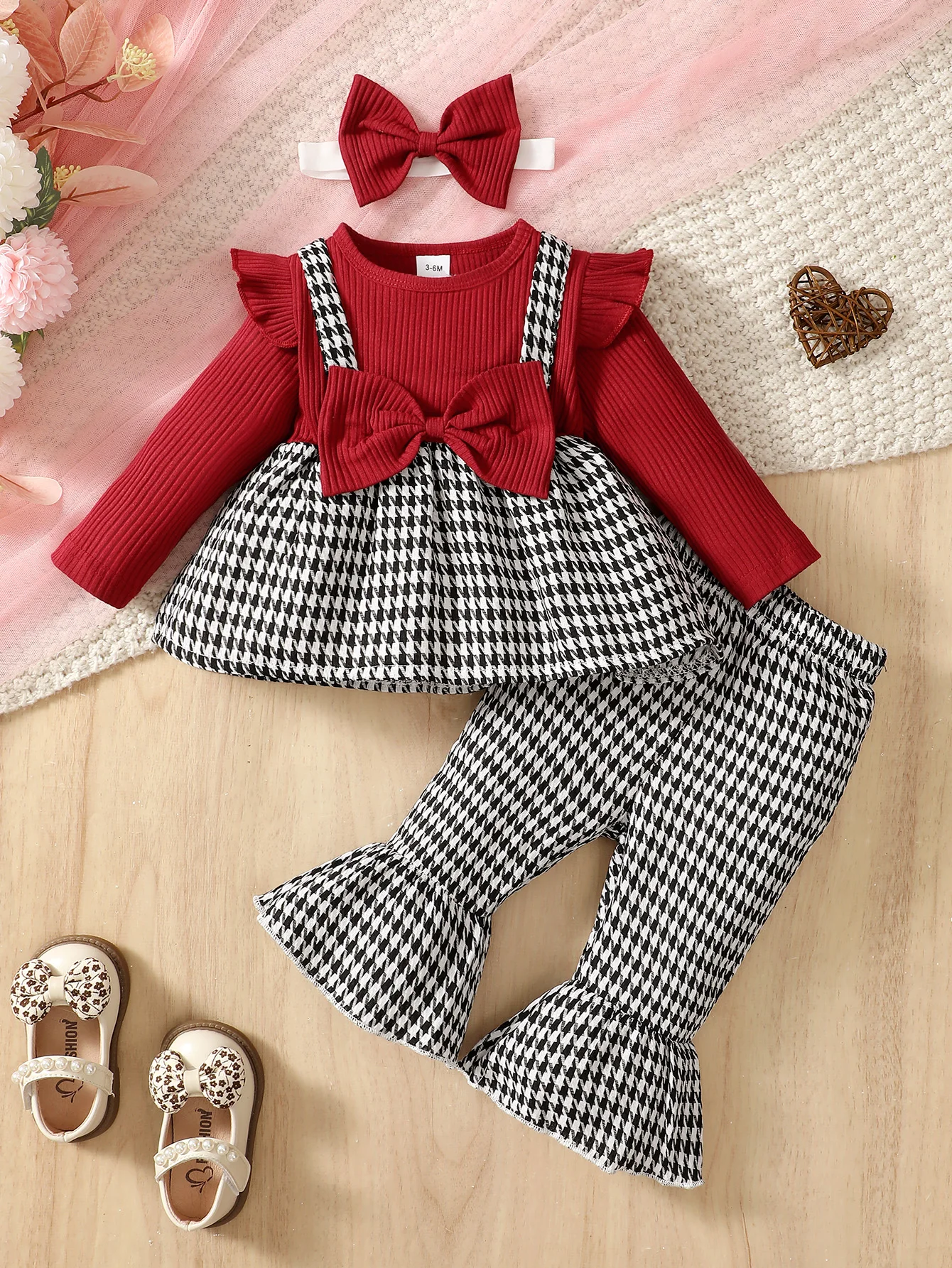Baby Girl Autumn/Winter Fashion Cute Round Neck Thousand Bird Grid Color blocked Lotus Leaf Side Sleeve Fake Two piece Strap Ski