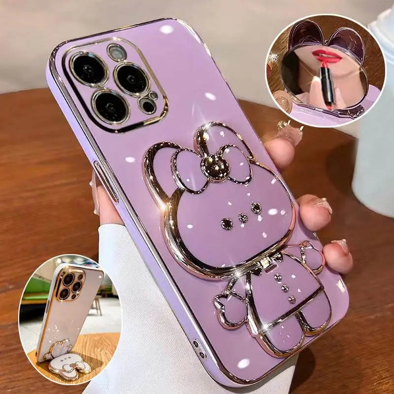 Cartoon Cute Hidden Makeup Mirror 360 Degree Rotating Stand Shockproof Phone Case iPhone 16Pro Max 15Pro 14Plus 13 12 11Pro Max