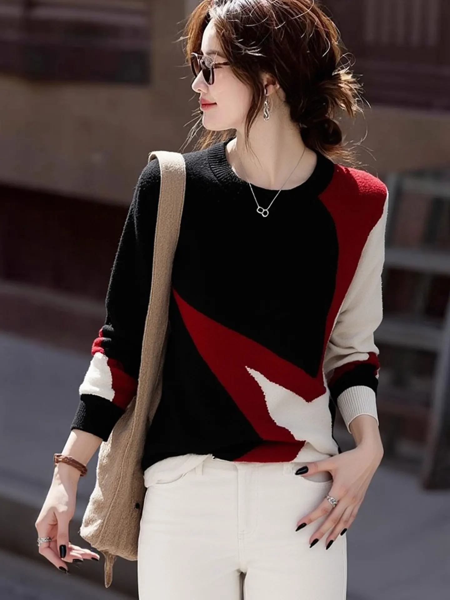 

Модный вязаный свитер с круглым вырезом и длинными рукавами для женщин, весна 2026, элитный дизайн, цветные блоки, удобный для повседневной носки