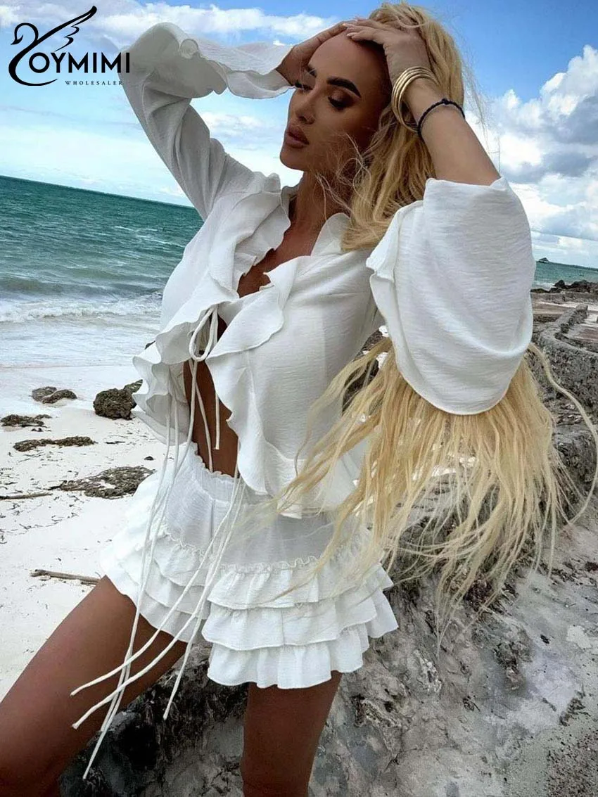 Oymimi Fashion White Ruffled 2 Piece Sets Women Outfit Elegant Long Sleeve Lace-Up Shirts + Slip Bra And Solid Shorts Female Set