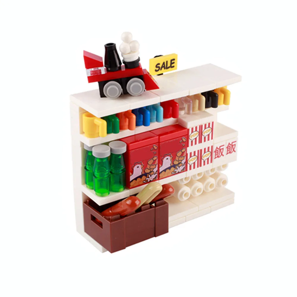 Bloques de construcción modulares de supermercado MOC: pan, carrito de compras, mostrador de caja, ladrillos de juguete para estante de leche