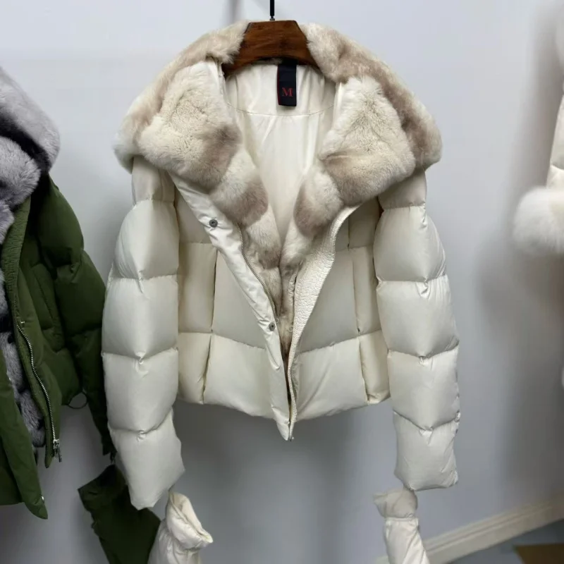 Winter 2025, Damen-Daunenjacke mit Kapuze und großem Pelzkragen, Y2K, hochwertiger, modischer, lässiger, dicker, warmer Gänsedaunenmantel mit Handschuhen