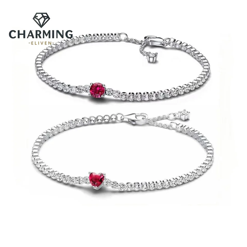 

CHARMING Jewelry S925 Pure Silver Red Sparkling Round Pave Tennis Bracelet Women Bracelet Jewelry for Anniversary Gift