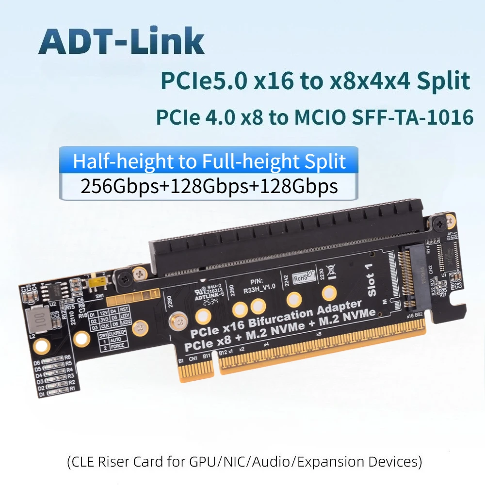 

PCIe 4.0 X8 to MCIO SFF-TA-1016 PCIe 5.0 X16 to X8 X4 Split Card PCIe X16 Bifurcation Adapter for External Graphics M.2 NVMe SSD