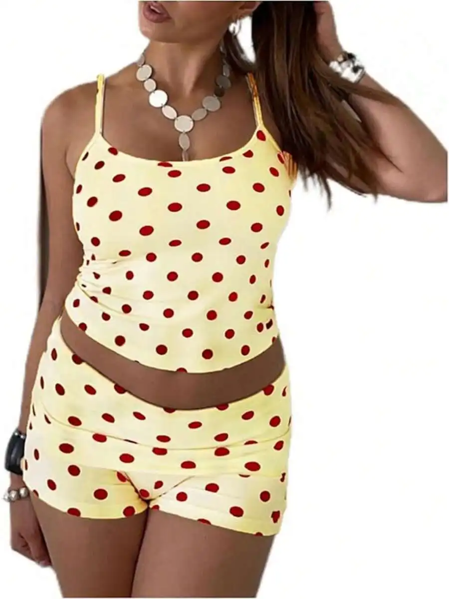

Women Polka Dot Crop Cami Top And Lounge Shorts Set Summer Sleepwear Pajama