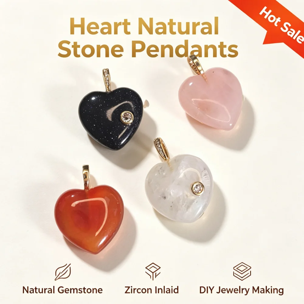 Hot Sale Heart‑Shape Blue Sand Stone Pendant, 18K Gold‑Plated Copper Zircon Patch Charm, Wholesale