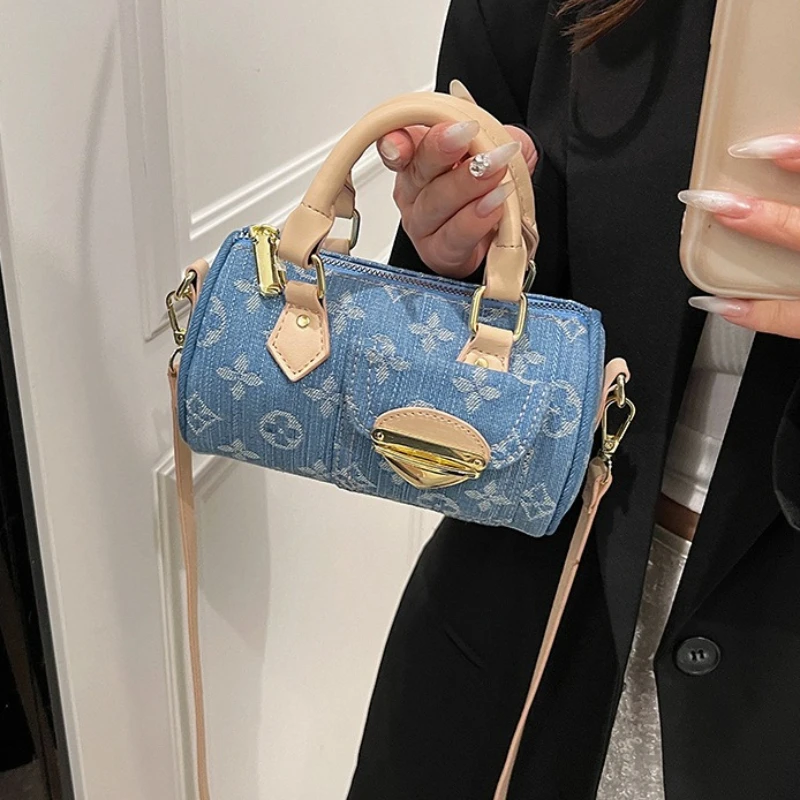 

Джинсовая сумка-ведро для женщин 2026, регулируемая сумка через плечо и сумка-бочка с верхней ручкой, повседневная шикарная сумка через плечо в стиле бохо