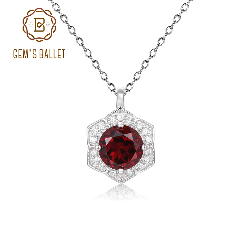 

GEM'S BALLET Hexagon Gemstone Necklace 6mm Round Red Garnet Halo Solitarie Pendant Necklace in 925 Sterling Silver Gift For Her