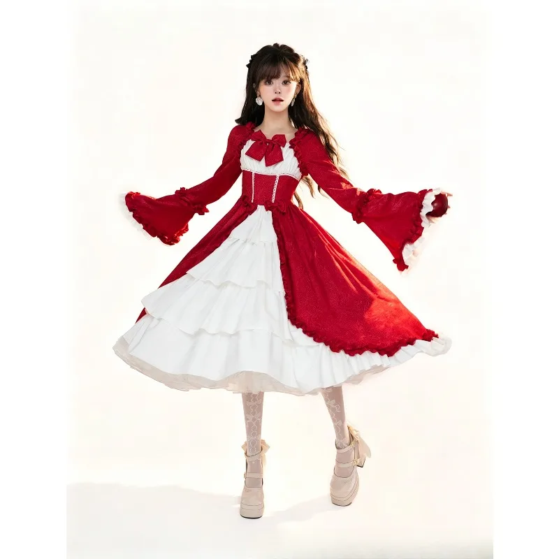 

European Medieval Vintage Gothic Court Lolita Dress Square Neck Waist Cinched Bow Gown Elegant Dark Lolita Outfit Party Costume
