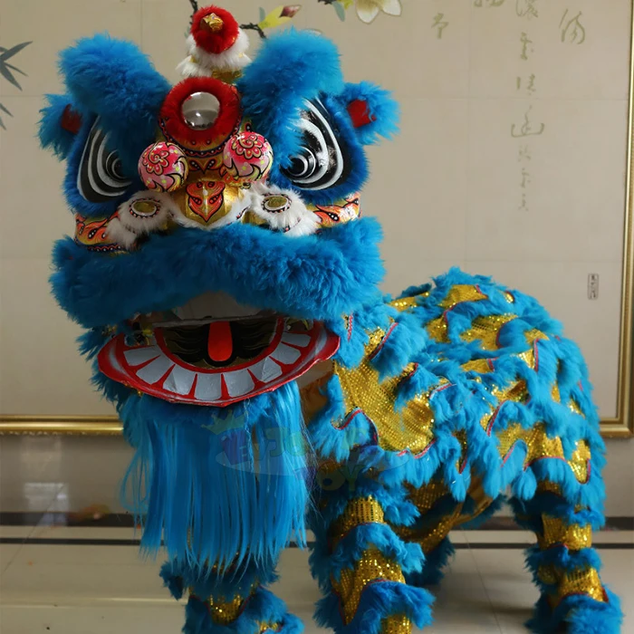 Enjoyment Custom Traditional Chinese Lion Dance Mascot Costume High Quality Wool Blue Gold South Lion Outfit For Festival