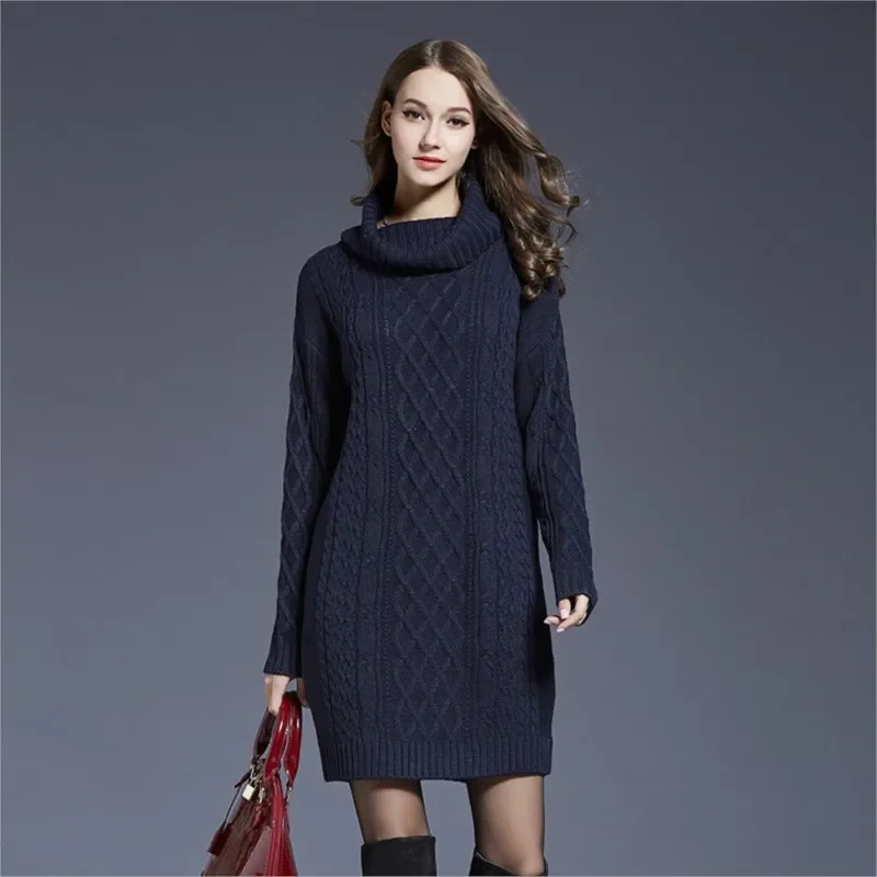 Autumn and Winter New Ladies Knitted Comfortable Casual Pile Collar Warm and Elegant Knitted Pullover Sweater Long Sleeved Dress