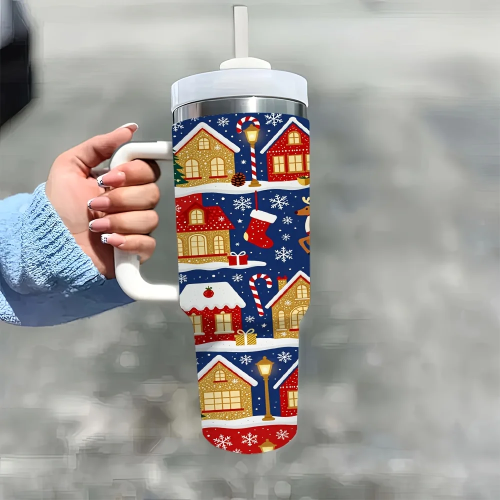 1ps Halloween and Christmas 40oz Insulated Tumbler with Handle and Straw, Christmas Winter Town House Reindeer Sleigh Print Water Cup, for Car Travel Home Office Holiday Party Daily Hot Cold Drinks Use