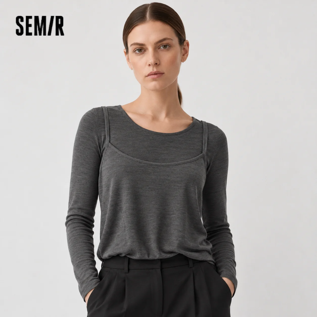 Semir Women Tshirt Long Sleeve Short Faux Two Piece Bubble Hem Slim Solid Sweet Casual Autumn Top Daily Wear 2026